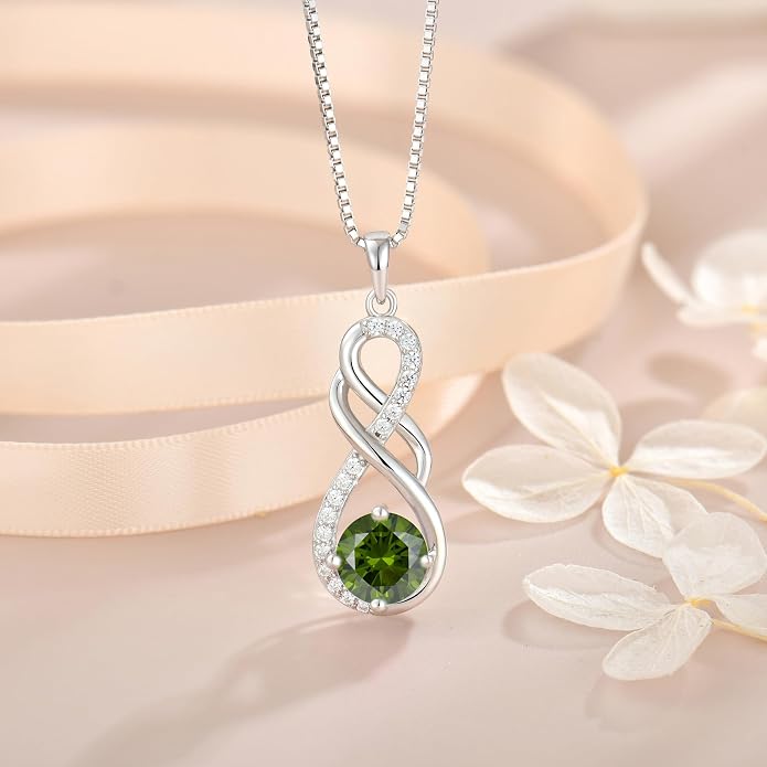 Gemstone Infinity Pendant Necklaces for Women, S925 Sterling Silver Round cut Zircon Necklace Birthstone Jewelry Gift for Her