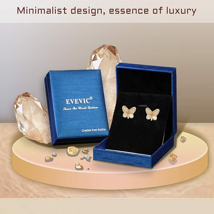 EVEVIC Austrian Crystal Butterfly Clip On Earrings for Women Adjustable Screw Back Non Pierced Earring 14K Gold Plated Hypoallergenic Jewelry