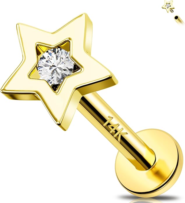 Melighting 14K Solid Gold Helix Piercing 16G Star Internally Threaded Flat Back Earring Clear CZ Tragus Stud Cartilage Conch Lobe Piercing Jewelry for Women 6 mm