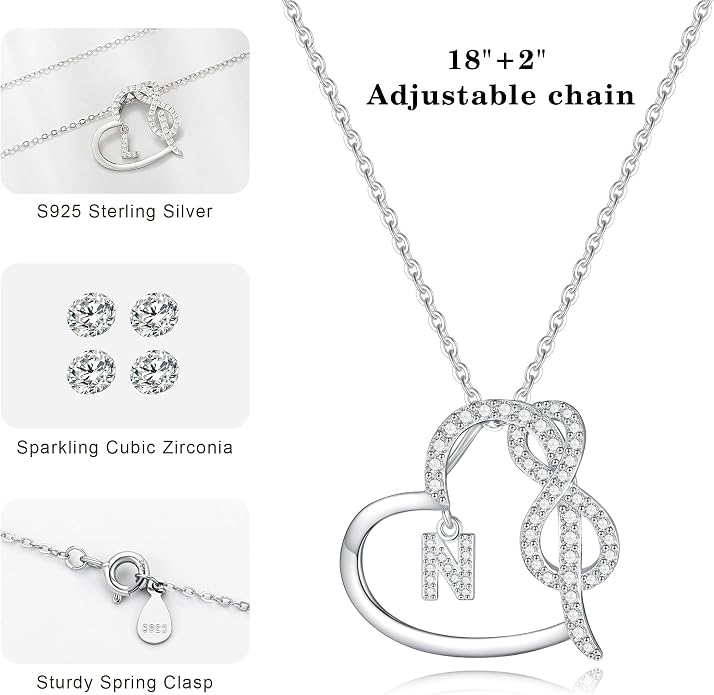 Infinity Heart Necklaces for Women, S925 Sterling Silver Initial Necklace Womens Jewelry Mothers Day Gifts Girls Valentines Gifts for Her Christmas Birthday Gifts for Women Mom Wife Girlfriend