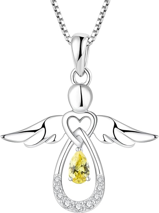 FJ Guardian Angel Necklace 925 Sterling Silver Birthstone Pendant Angel Jewelry Gifts for Women