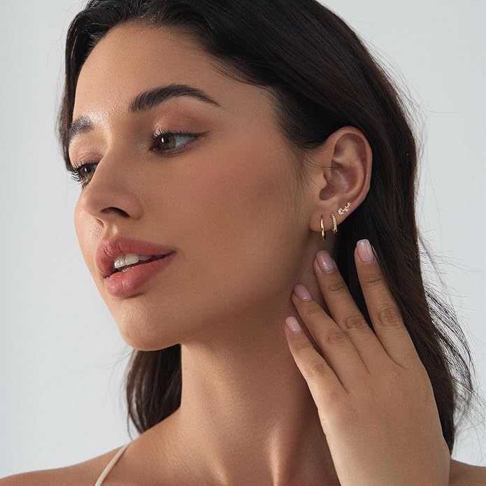 6 Pairs 14K Gold Plated Stud Earrings for Women, Hypoallergenic Cartilage Earrings for Multiple Piercing, Dainty Small Stackable Earrings Set for Jewelry Gift
