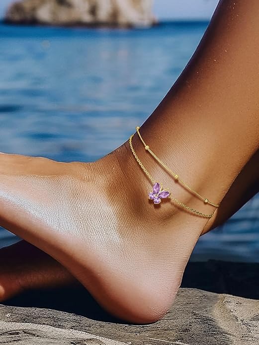 Richsteel Double Layer Heart/Butterfly Birthstone Anklet for Women Non Tarnish Waterproof, Silver/Gold/Black Stainless Steel 8.5-10.5 Inch Adjustable Chain Anklets Jewelry Gifts for Her