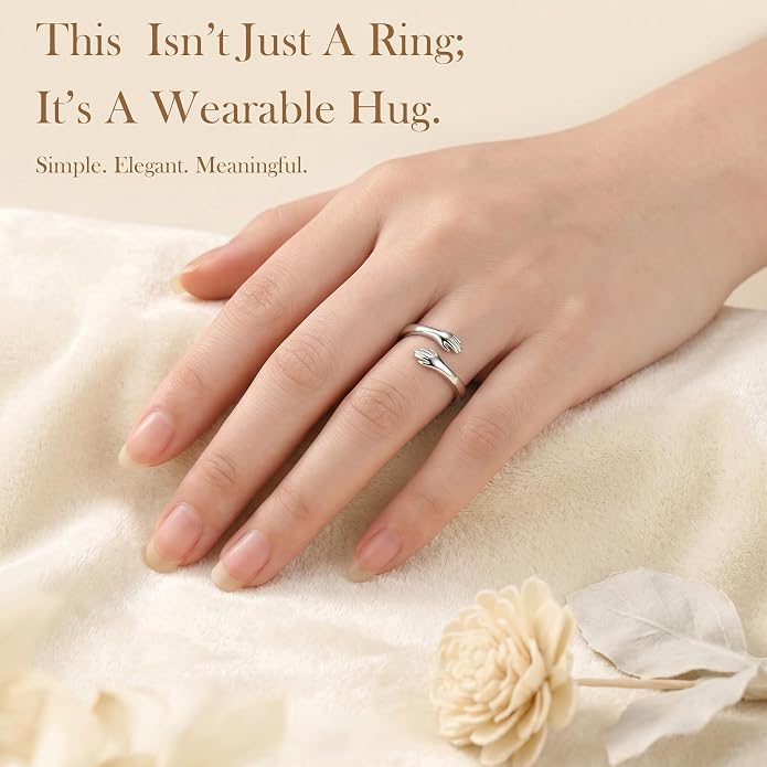 S925 Sterling Silver Hug Rings for Women Teen Girls Adjustable Ring for Granddaughter Daughter Hope Promise Friendship Hand Ring Jewelry for Birthday Graduation Christmas Mothers Day Valentines Gifts