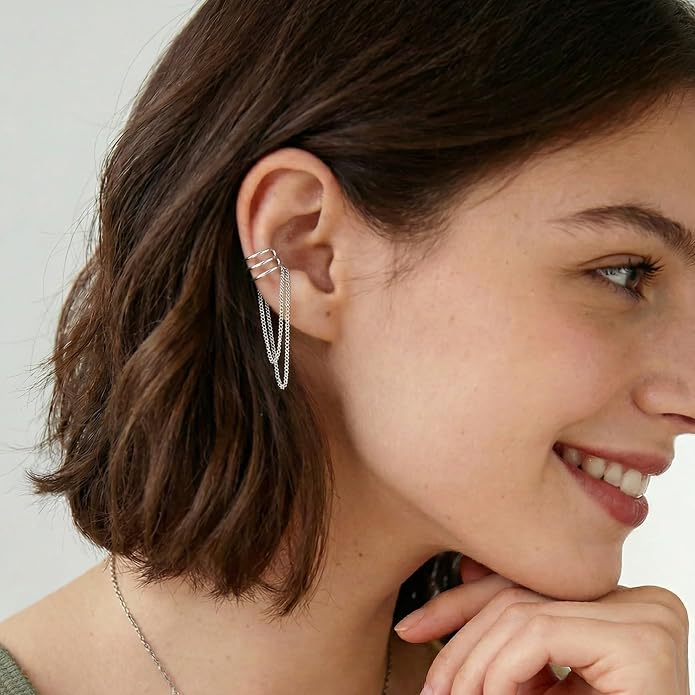 SLUYNZ 925 Sterling Silver No Piercing Cuff Earrings Chain for Women Wrap Earrings Tassel Clip On Ear