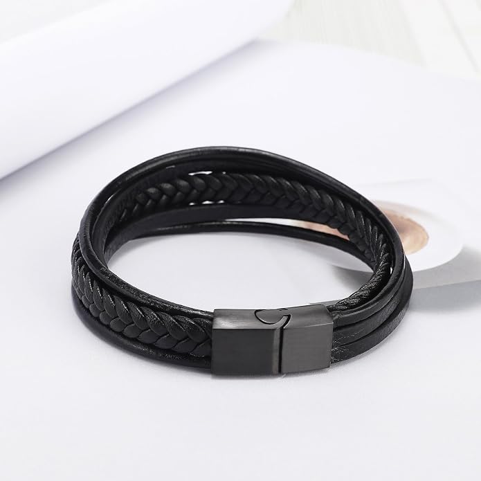 murtoo Mens Leather Bracelet with Clasp Cowhide Multi-Layer Braided Leather Mens Bracelet