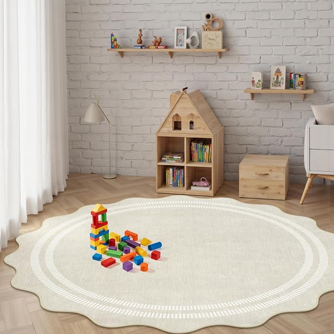 Round Area Rugs 6ft for Bedroom, Ivory Washable Circle Rug Soft Non Slip Floor Scalloped Carpet Indoor Thin Rug for Living Room Dining Room Playroom Nursery