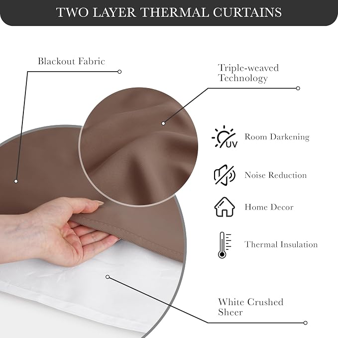 PONY DANCE Window Curtains & Drapes - Grommet Top Blackout Curtains with Crushed Sheer Tie Backs for Living Room Cortinas para Sala, 52 W x 84 L in, Mocha, 2 PCs