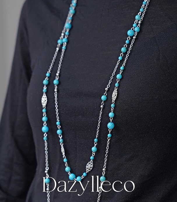 Long Beaded Silver Necklaces for Women Layered Long Statement Necklace with Stone Pearl Beads Double Sweater Chain Costume Jewelry for Women