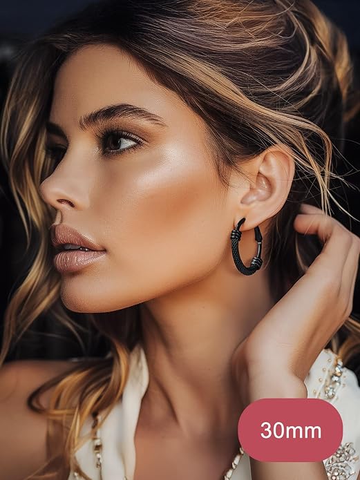 FOCALOOK 14K Gold Plated Hoop Earrings, Lightweight Hypoallergenic Large Stainless Steel Black Hoops Earrings for Women 20/30/40/50/60/70/80mm