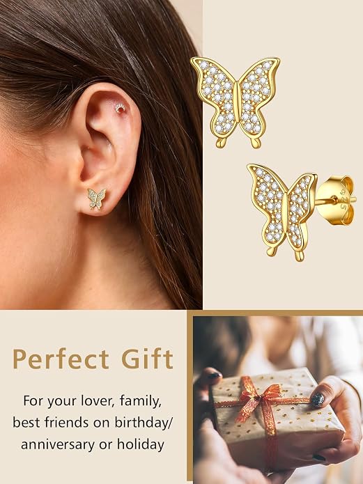 FindChic Hypoallergenic Sterling Silver Small Bar/Heart/Dot/Triangle/Butterfly/Lightning Studs Earrings Minimalist Geometric Jewelry Valentine Gifts for Women Men Girls, with Gift Box