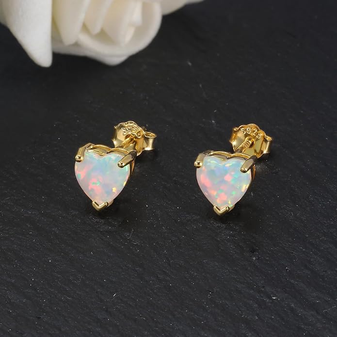 CiNily 925 Sterling Silver Stud Earrings for Women Teen, Heart Opal Stud Earrings, Dainty Cartilage Small Studs for Men, Heart Birthstone Earrings Lightweight Opal Jewelry for Mothers Day Birthday