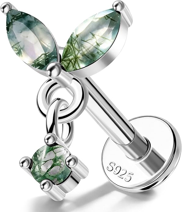 Jewseen Celtic knot&Butterfly Moss Agate Stud Earrings Dangle Internal Threaded Flat Back 16g 8mm Hypoallergenic 925 Sterling Silver Piercing Jewelry for Cartilage Lip Conch Tragus Helix