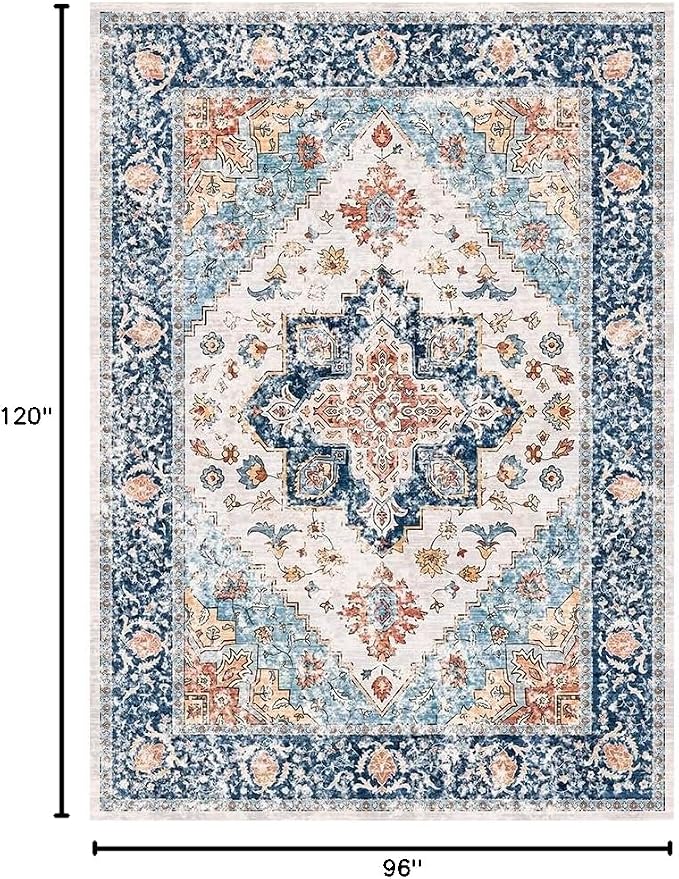 SERISSA Boho 8x10 Area Rugs, Washable Vintage Large Living Room Rug Non-Slip, Ultra Soft Oriental Print Distressed Tribal Farmhouse Blue Orange Carpet for Dining Room Bedroom Dorm Office Home Decor