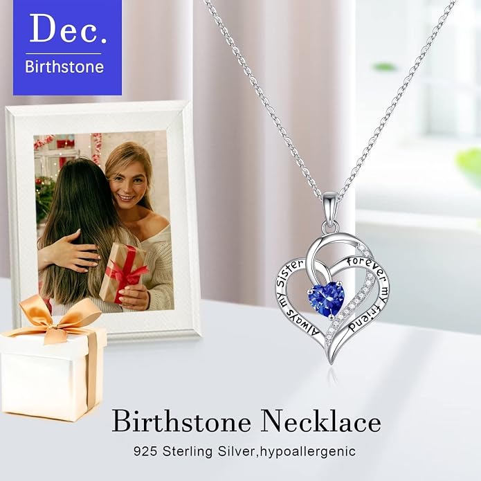 Iefil Gifts for Sister - 925 Sterling Silver Birthstone Necklace Sisters Jewelry