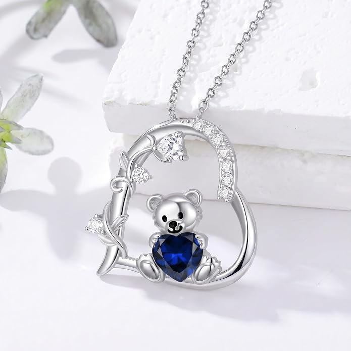 PELOVNY Teddy Bear Necklace for Women 925 Sterling Silver Bear/Highland Cow/Fox/Cat/Axolotl Birthstone Necklace Christmas Birthday Jewelry Gifts for Mom Daughter Wife Sister