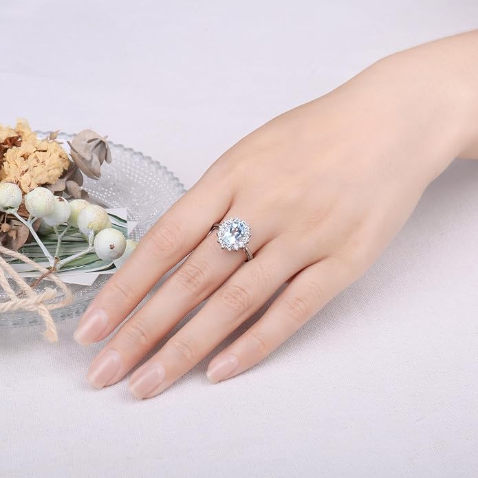 JewelryPalace Princess Diana Kate Middleton Class Gemstone Birthstone Sapphire Halo Engagement Rings for Women, Anniversary 14K White Yellow Rose Gold Plated 925 Sterling Silver Promise Rings for Her