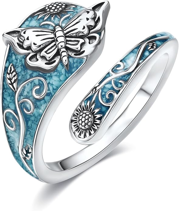 SNOWELLE Turquoise Spoon Rings S925 Sterling Silver Turquoise Adjustable Ring Jewelry Gift for Women Men