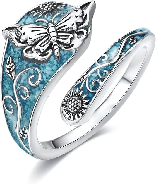 SNOWELLE Turquoise Spoon Rings S925 Sterling Silver Turquoise Adjustable Ring Jewelry Gift for Women Men