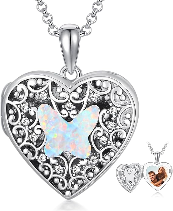 Dorunmo Personalized Locket Necklace 925 Sterling Silver that Holds Pictures Butterfly Birthstone Photo Heart Locket Custom Jewelry Congratulations New Beginnings New Job Gifts for Women