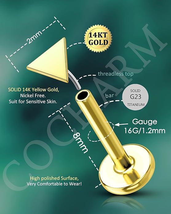 COCHARM 14K Real Gold Helix Tragus Cartilage Piercing Jewelry-Titanium Post-Threadless Tragus Conch Cartilage Earring Stud Flat Back 16g Labret Stud 6mm, 8mm Push Pin Triangle Medusa Jewelry