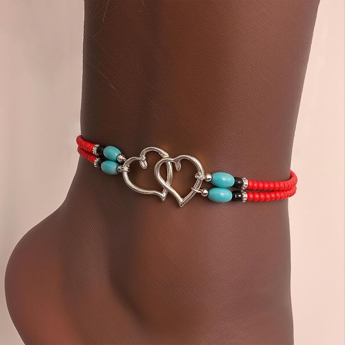Elastic Beaded Ankle Bracelets for Women Double Heart Layered Stretch Ankle Bracelets Waterproof Dainty Boho Beaded Anklets for Summer Beach Foot Jewelry