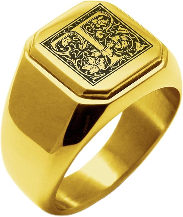 Jewelry | Stainless Steel Letter Alphabet Initial Ring | Square Flat Top Ring for Men & Women | Stainless Steel Jewelry, (Black, Gold, Silver), Size 7-16