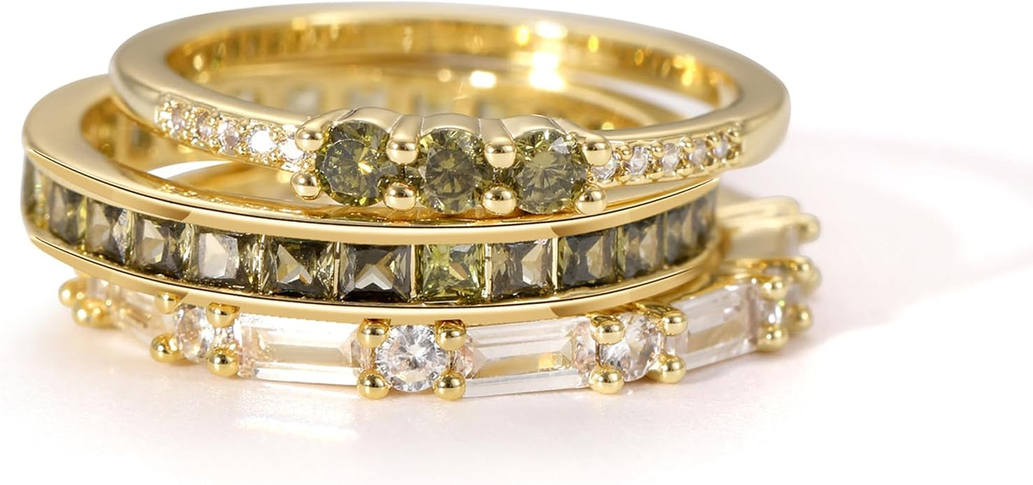 Peridot Stackable Rings for Women 18K Gold Plated Eternity Ring Set Fashion Green Jewelry Size 4-12