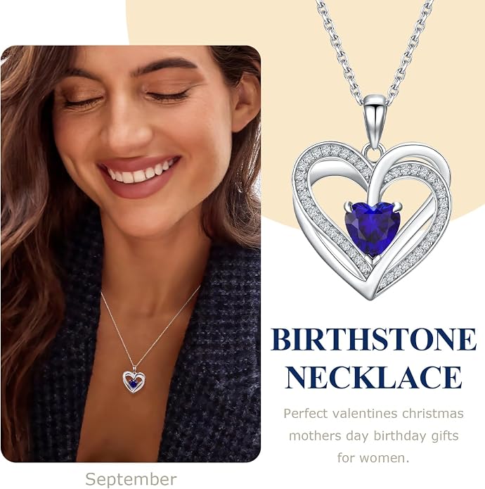 Anniversary Charm Necklace, Sterling Silver 14K Gold Plated Chain with Interlocking Heart Pendant Elegant Birthstone Necklaces for Women, Length 18"