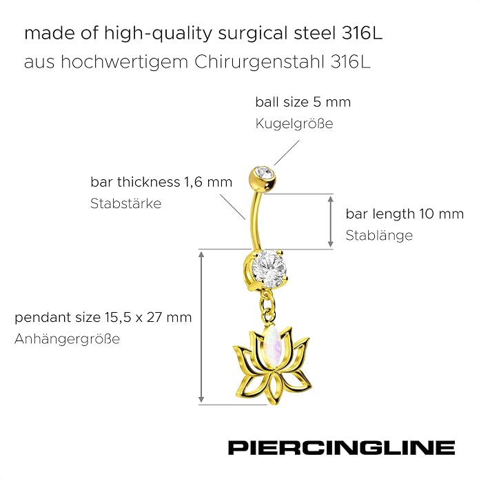 PIERCINGLINE Surgical steel belly button piercing dangle LOTUS BLOSSOM WITH SYNTHETIC OPAL 14 G belly button ring surgical steel belly piercing new version with improved durability