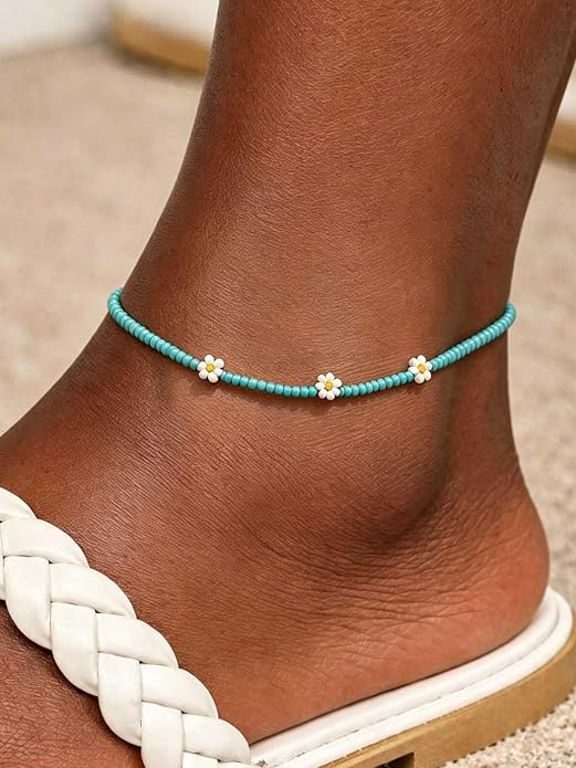 Beaded Chain Ankle Bracelets for Women Waterproof Sunflower Anklets Beachy Vacation Foot Jewelry Gifts