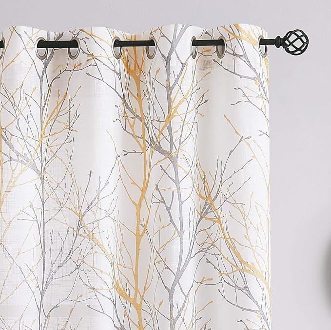 FMFUNCTEX Linen Semi Sheer Curtains for Bedroom, Yellow White Curtains 45 Inches Long for Living Room, Grey Tree Branch Print Curtain Light Filtering Kitchen Window Drapes, Grommet Top 2 Panels | Short Sheer Branch Patterned Drapes, Light Filtering Gro...