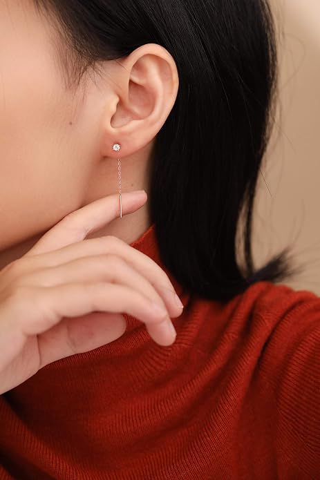S.Leaf Gold Chain Threader Earrings for Women Trendy 925 Sterling Silver Hypoallergenic Cubic Zirconia Backless Ardant Chain Duster Threader Double Piercing Pull Through Earrings for Women Girls Birthday Gifts