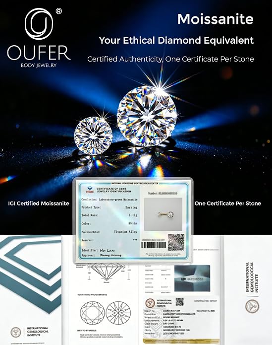 OUFER 14G G23 Titanium Moissanite Internally Threaded Belly Button Ring with Care Kit for Healing,D Color VVS1 Brilliant Cut Stones, Silver/18K Gold Plated Hypoallergenic Navel Piercing Jewelry for Women Men