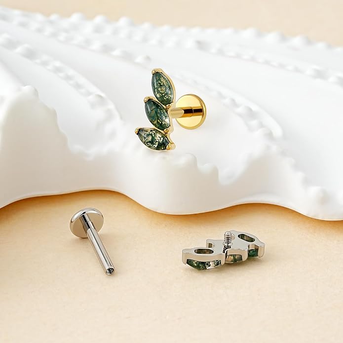 FINE4U 16G Moss Agate Body Piercing Jewelry for Helix Flat Tragus Lobe 16G 6mm 8mm - ASTM F136 Titanium Screw on Flat Back Stud, Hypoallergenic Cartilage Earring