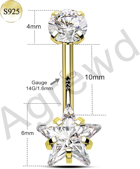 925 Sterling Silver Belly Button Rings 14G Belly Navel Rings for Women Cute Star Belly Navel Piercing Jewelry