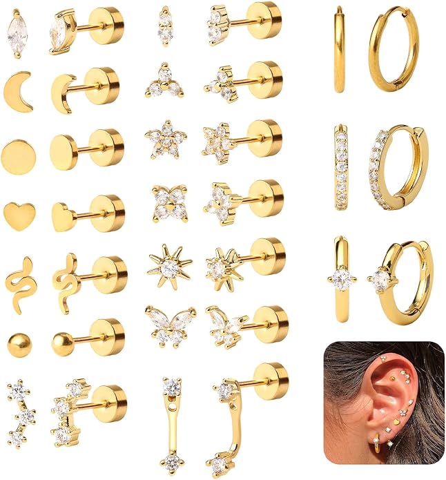 KRFY 25Pcs/17 Pairs Hypoallergenic Surgical Steel Earrings for Sensitive Ears 14K Gold Plated Flat Back Cartilage Earrings for Women Men Screw Back Flatback Stud Hoop Earring Set for Multiple Piercing