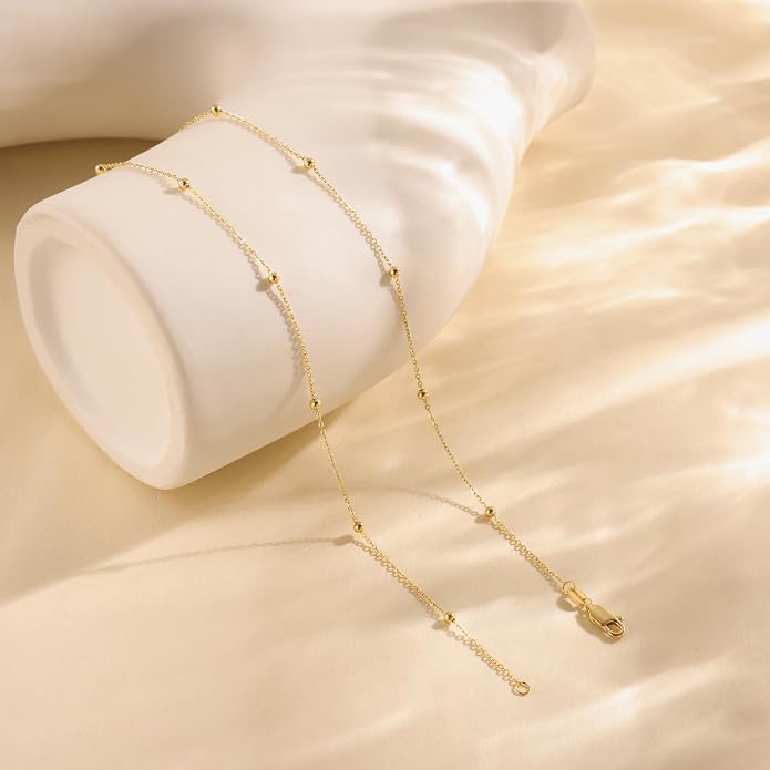 Carffordo 925 Sterling Silver Chain Necklace 16K Gold Plated Beaded Chain Necklace for Women Simple Dainty Choker Necklace Satellite Waterproof Link Necklace Trendy Jewelry Gifts