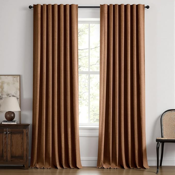 MIULEE 100% Blackout Linen Curtains for Bedroom 42 x 96 Inch Brown 2 Panels | Thermal Insulated, Room Darkening Drapes for Living Room, Back Tab Rod Pocket Pinch Pleated, Solid Luxury Decor