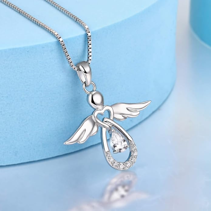 FJ Guardian Angel Necklace 925 Sterling Silver Birthstone Pendant Angel Jewelry Gifts for Women