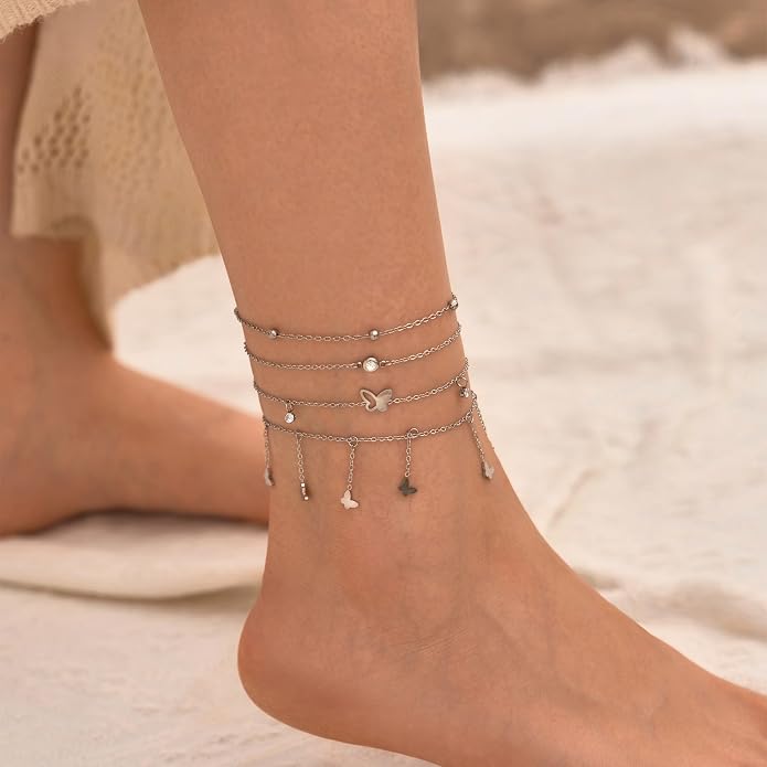 LOFITOR Ankle Bracelets for Women Glitter Waterproof Adjustable Anklet Set for Women 18K Gold Plated Silver Charm Dainty Layered Anklets, Summer Beach Anklet Jewelry for Women