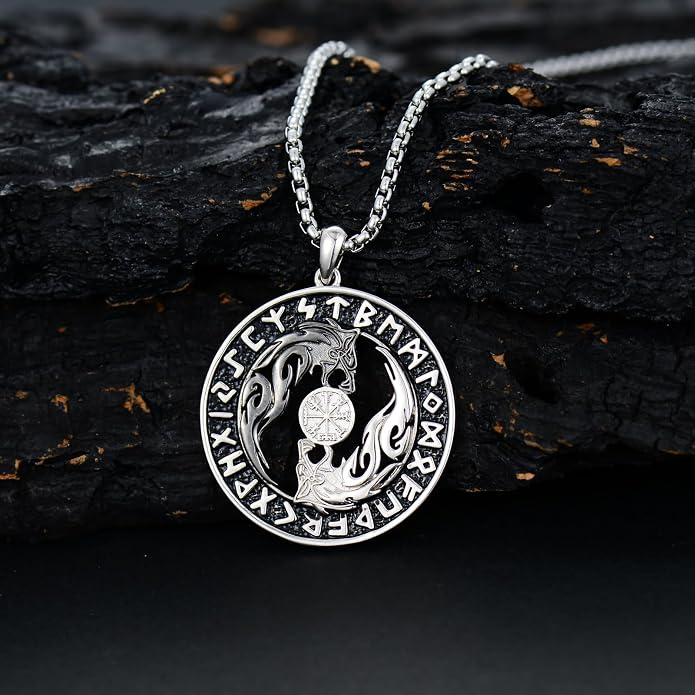Viking Necklace for Men 925 Sterling Silver Viking Wolf/Thors Hammer/Vegvisir/Tree of Life/Compass Pendant Norse Necklace Amulet Talisman Christmas Gifts for Him Her