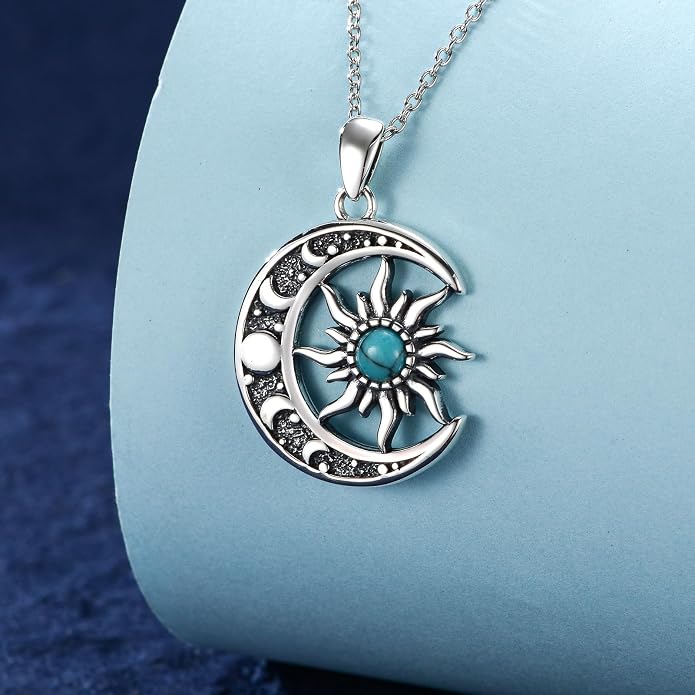 Sun and Moon Necklace 925 Sterling Silver Sun Moon Pendant Gemstone Jewelry Gifts for Women