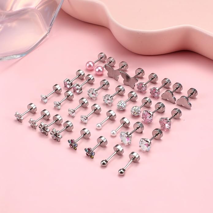 CASSIECA 16 Pairs Hypoallergenic Screw Back Earrings for Women Girls 316L Stainless Steel CZ Ball Heart Flower Screwback Flat Back Stud Earrings Jewelry Gift Women Multicolored Pink