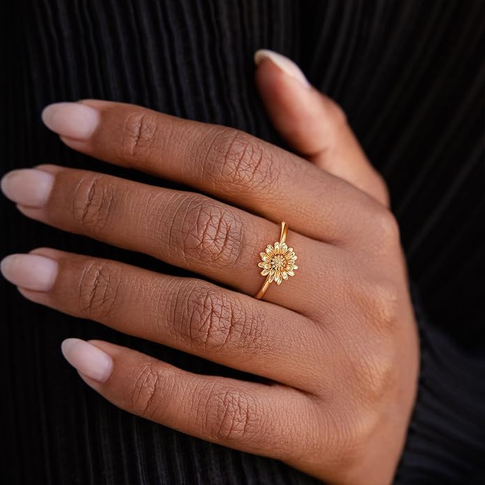 Birth Flower Ring for Women 14K Gold Plated Floral Minimalist Stackable Finger Jewelry Birthday Gifts