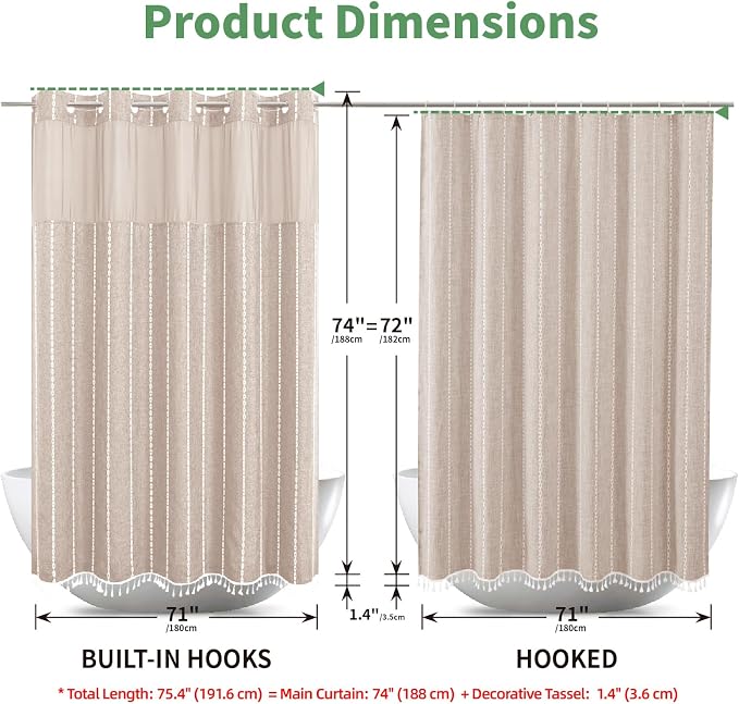eachope Boho Farmhouse No Hook Shower Curtain Set with Snap-in Fabric Liner,Heavy-Duty Linen Textured Rustic Striped Design,Water-Repellent with Tassels and Sheer Window,Tan/Taupe,71x74