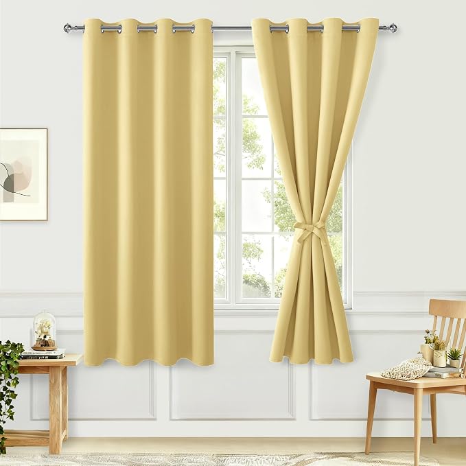 Hiasan Blackout Curtains for Bedroom, 52 x 63 Inches Length - Thermal Insulated & Energy Saving Window Curtains for Living Room, 2 Drape Panels Sewn with Tiebacks, Light Yellow