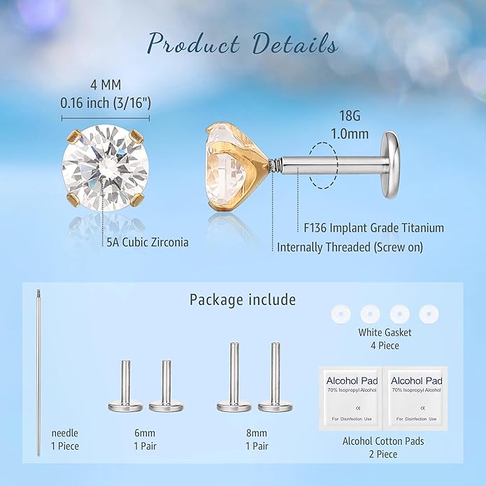 Limerencia 2Pcs 18g Titanium Internally Threaded Tragus Piercing Jewelry Nose Studs Flat Back Earrings Labret, Lip, Helix, Cartilage, Conch, Medusa Piercing for Women Men Sensitive Ears
