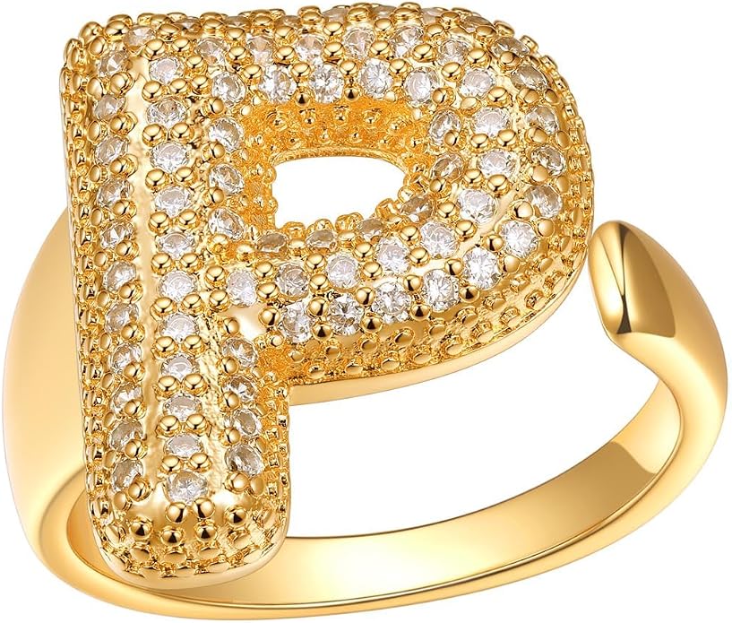 FindChic Initial Ring for Women, Gold Plated Chunky Letter Rings Open Adjustable Trendy Sparkling Cubic Zirconia Personalized Statement Rings Jewelry Gift