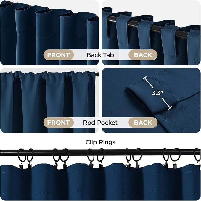 Joydeco 72 Inch Blackout Curtains for Bedroom, Thermal Insulated Black Out Curtains 2 Panels Set, Room Darkening Drapes for Living Room Window Rod Pocket Back Tab (W52 x L72 Inch, Navy Blue)